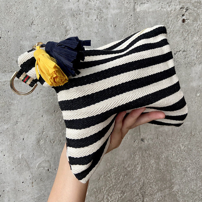 Striped Tassel Cosmetic Bag Zipper Canvas Cosmetic Bag