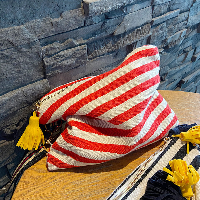 Striped Tassel Cosmetic Bag Zipper Canvas Cosmetic Bag