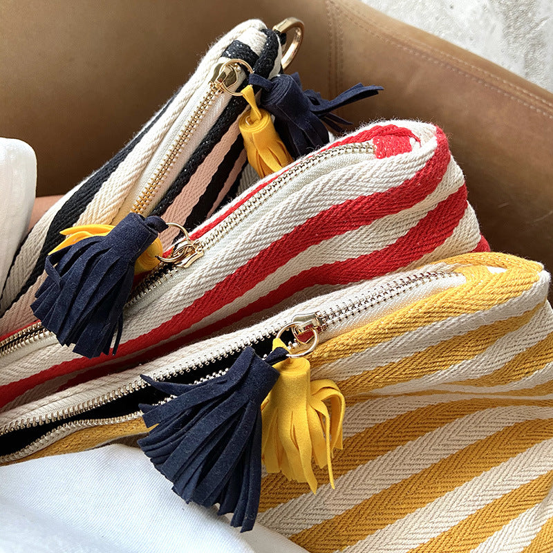 Striped Tassel Cosmetic Bag Zipper Canvas Cosmetic Bag
