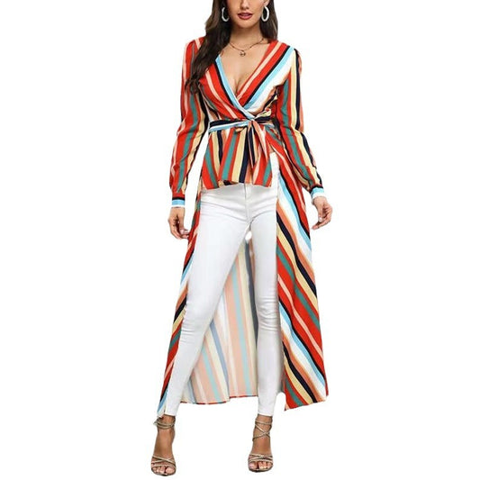 Rainbow Stripes Deep V-neck Slim-fit Front Short Back Large Coat